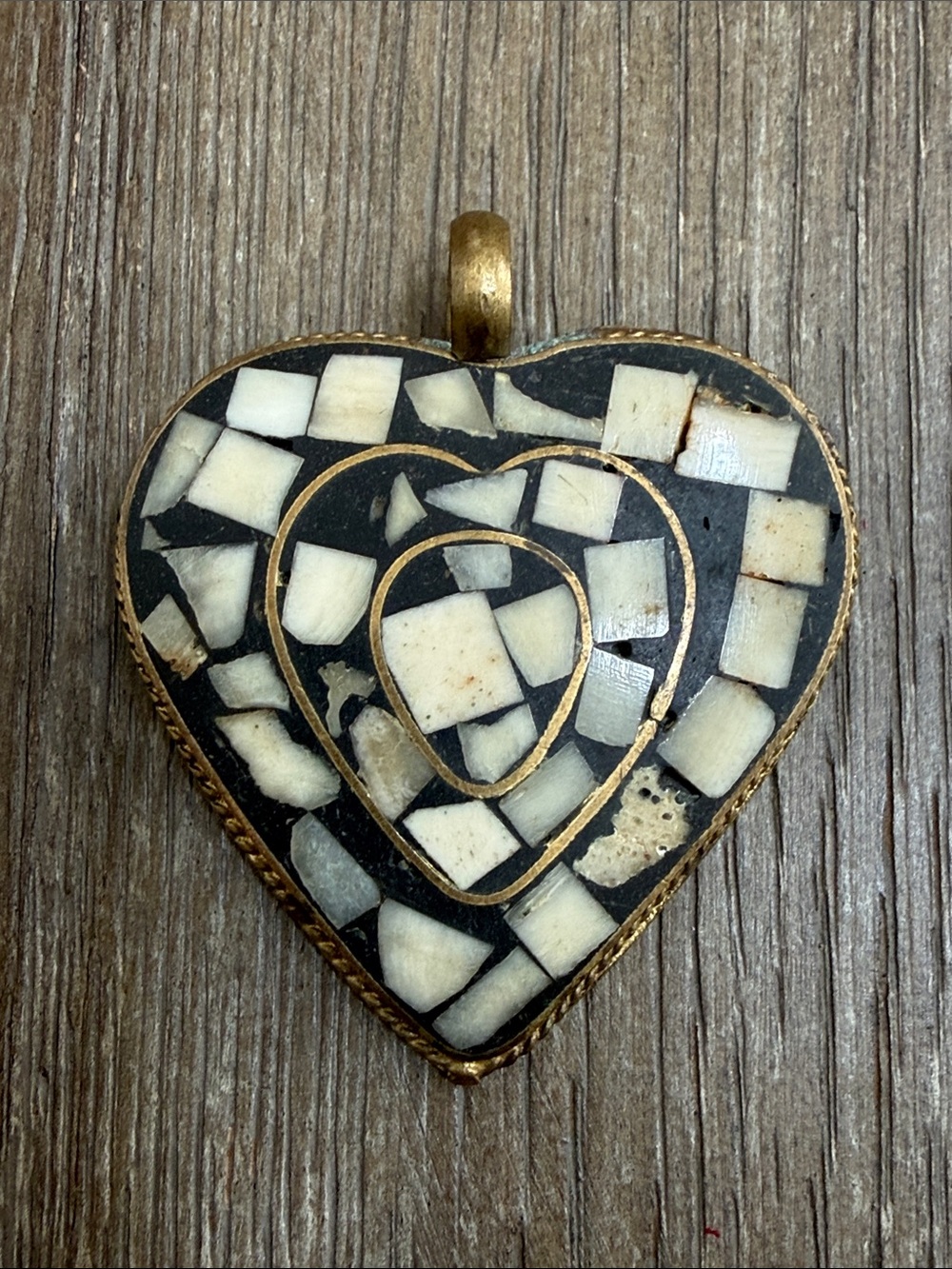 Vintage Tibetan Mosaic Heart Pendant Black & Cream with Brass Accent